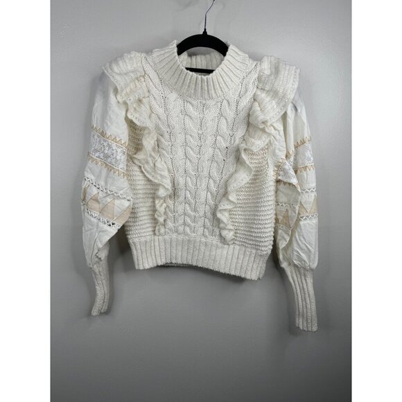 Anthropologie Cable Knit Ivory Ruffle Puff Sleeve Lace Sweater Size XS NWT BOHO - Picture 5 of 6